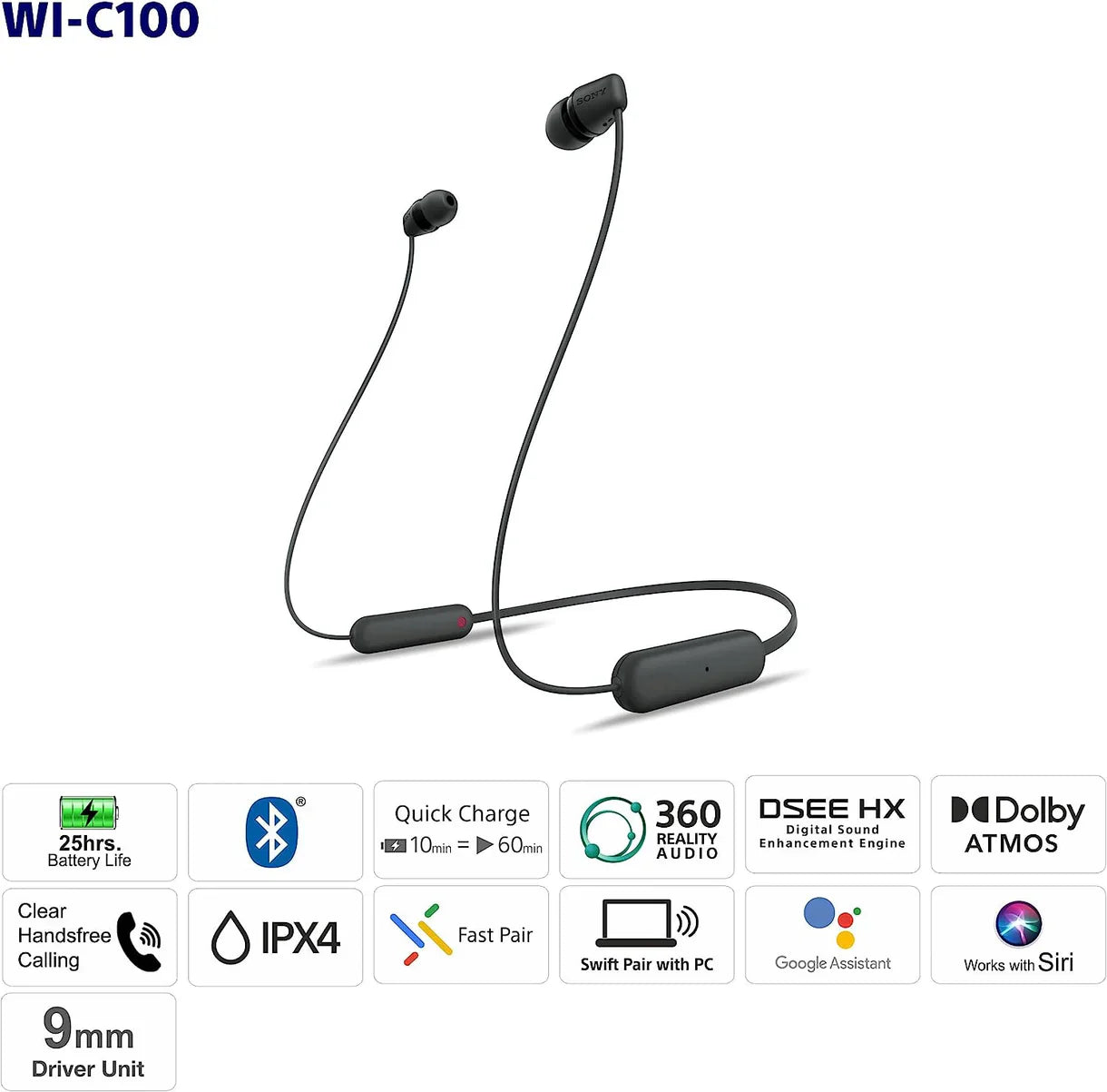 Sony WI-C100 Wireless in-Ear Bluetooth Headphones with Built-in Microphone
